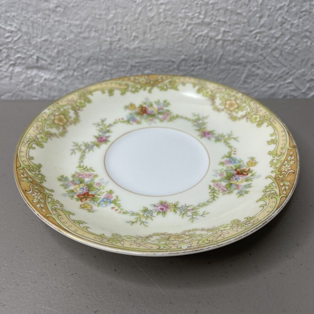 Noritake China‎ Japan BOLERO Green Tan Scrolls Floral Rim Tea Cup Saucer 5-5/8"